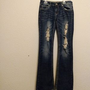 Runway Refuge Everyday Boot Cut Distressed Blue Button Pockets Zip Jeans sz 6 R